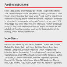 Dog chew feeding instructions and ingredients panel