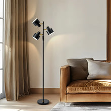 Black 3-head modern floor lamp with angled spotlights and slim round base