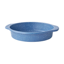 Blue speckled nonstick round baking dish with side handles