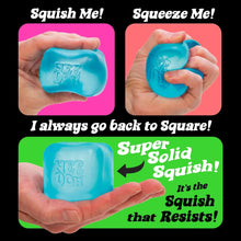 NeeDoh Nice Cube squishy square toys being squeezed by hands