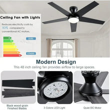 Ceiling fan with LED light panel and black blades, modern flush-mount design