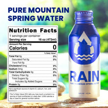 RAIN pure mountain spring water in a blue aluminum bottle with nutrition facts