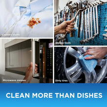 Cleaning examples for laundry stains, greasy tools, microwave messes, and dirty tires