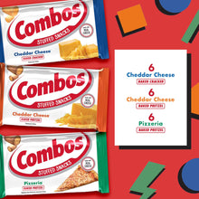 Combos variety pack showing cheddar cheese crackers, cheddar cheese pretzels, and pizzeria pretzels