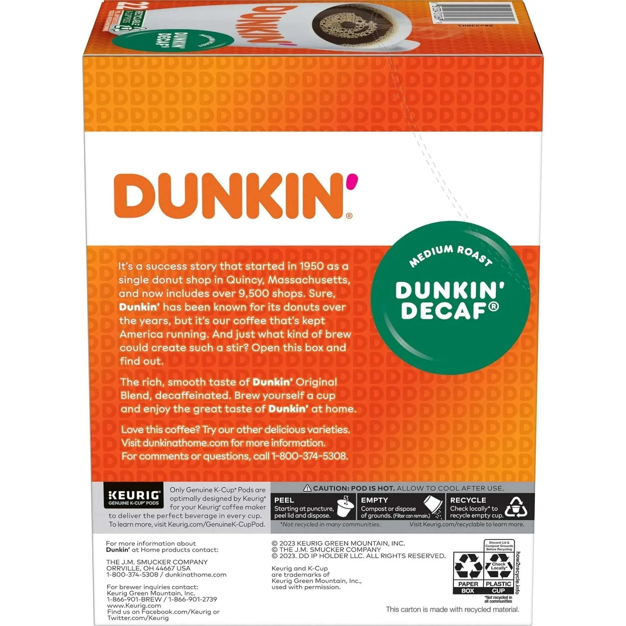 Dunkin’ Decaf Medium Roast Coffee, Keurig K Cup Pods, 22 Count Box
