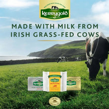 Kerrygold garlic and herb butter products in boxes and stick, stacked for display