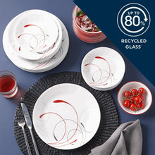White glass dinner plates and bowl with red and gray swirl pattern, service for 4