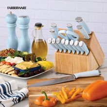 Ice blue handled knife set with natural wood block and chef knife on board