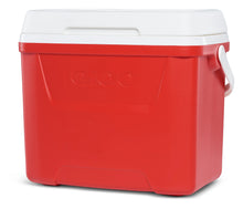 Red ice chest cooler with white lid and side handle, close-up front angle