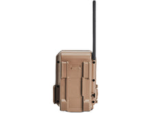 Tan trail camera back view with mounting clips and long antenna