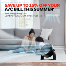 Black table fan with pivoting head, positioned on the floor near a sofa