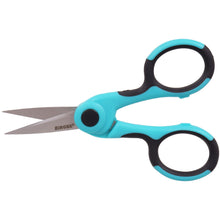 Turquoise and black precision scissors with pointed blades and finger loops.