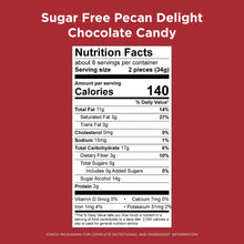Nutrition facts label for sugar-free pecan delight chocolate candy bag, 2 pieces serving