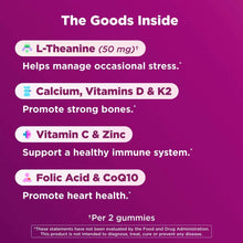 Gummy supplement infographic listing L-Theanine, calcium, vitamins D & K2, C & zinc.
