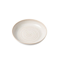 Cream stoneware round dinner bowl, shallow rim, interior spiral