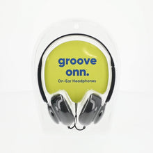 Groove on-ear headphones blister pack with lime panel and black padded earcups