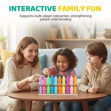 Family using interactive board game with multicolor bottle pieces in a wooden tray