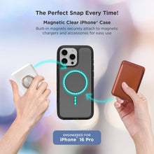 Black iPhone phone case with circular magnetic ring, glow indicator near charging dock