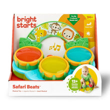 Safari-themed musical drum toy package showing green drum with three colorful pads