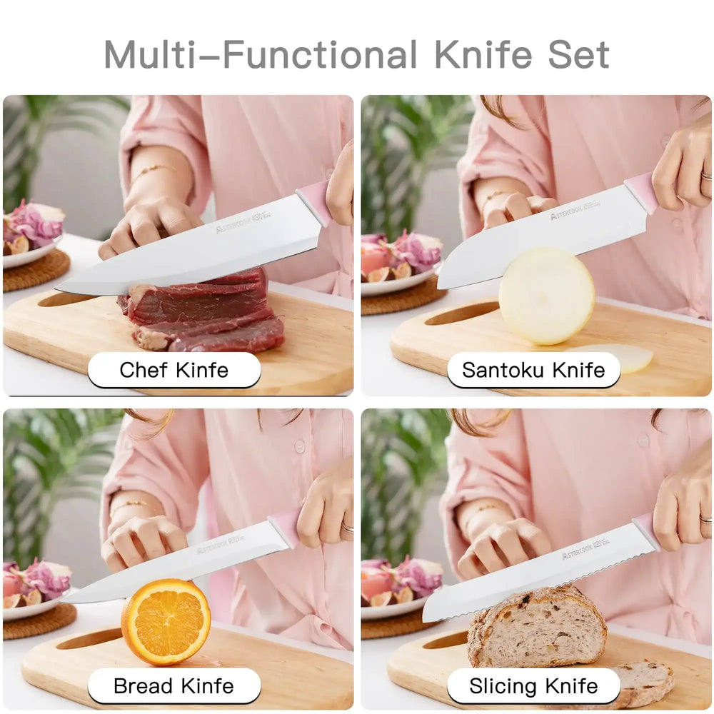 Astercook Knife Set, 14 Pieces Kitchen Knives Set with Healthy Anti-Rust Coating, Stainless Steel Knife Sets with Built-in Sharpener, Sharp & Rust Resistant Dishwasher Safe - USA MEGA SHOP