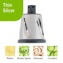 Slicer drum attachment with thin blade slots and dark top