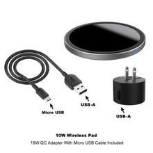 Wireless charging pad kit with micro-USB and USB-A cables and charging adapter