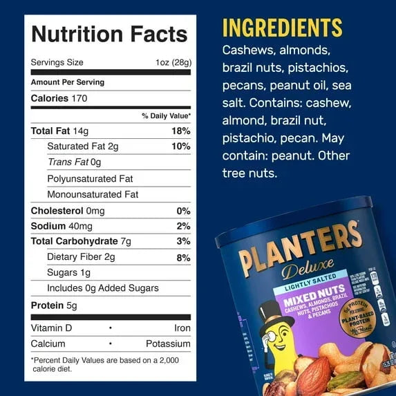 PLANTERS Deluxe Lightly Salted Mixed Nuts, Party Snacks, Plant Based Protein 15.25 oz Steel Can