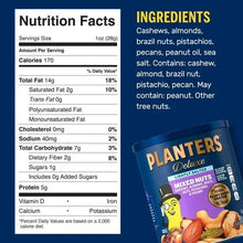 Nutrition facts and ingredients panel next to PLANTERS Deluxe mixed nuts can