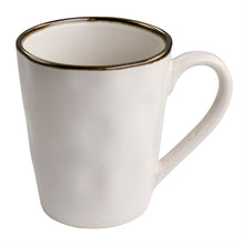 Matt white stoneware mug with gold rim and curved handle