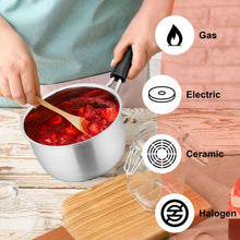 Stainless steel saucepan with black handle, filled with berries, held for stirring