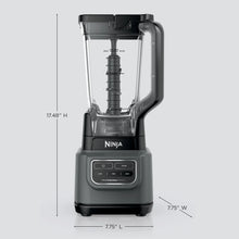 Dark gray blender with clear pitcher and blade assembly shown with dimensions