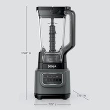 Dark gray blender with clear pitcher, shown with height and width measurements