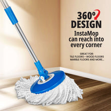 Blue mop bucket and white microfiber mop pad attached to silver extendable handle
