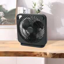 Black box table fan with front grille and portable top handle