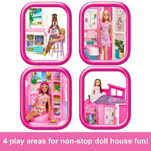 Pink foldable doll house playset with 4 play areas and two chairs