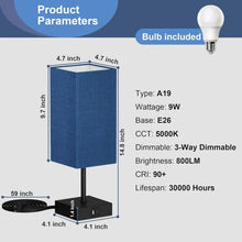 Blue fabric table lamp with included LED bulb and size diagram
