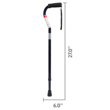 Offset handle mobility cane with cushioned grip, dark shaft and ice blue curved handle, rubber base