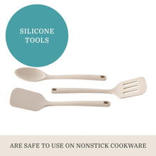 Beige silicone cooking tools set, including spoon and slotted turner with handles