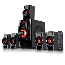 5.1 surround sound speaker system with black tower, red driver rings, and remote