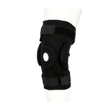 Black hinged knee brace on thigh with hinged side support and strap closures