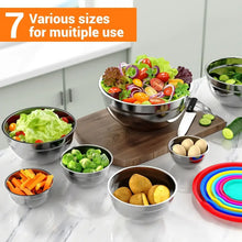 Set of stainless steel mixing bowls in different sizes, each with snap-on lids