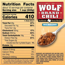Wolf Brand chili can nutrition facts and ingredient panel for 1 cup serving