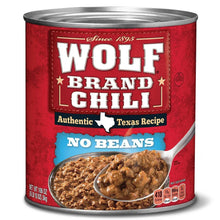 Chili in red Wolf Brand can labeled No Beans and Texas Recipe