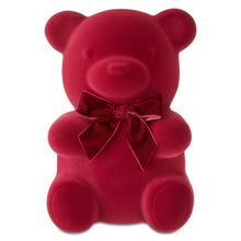 Red flocked bear tabletop decoration with velvet bow at neck