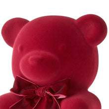 Red flocked bear decoration with embroidered nose and velvet neck bow