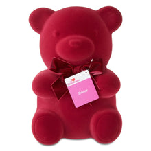 Red flocked bear decoration with velvet bow and hanging gift tag