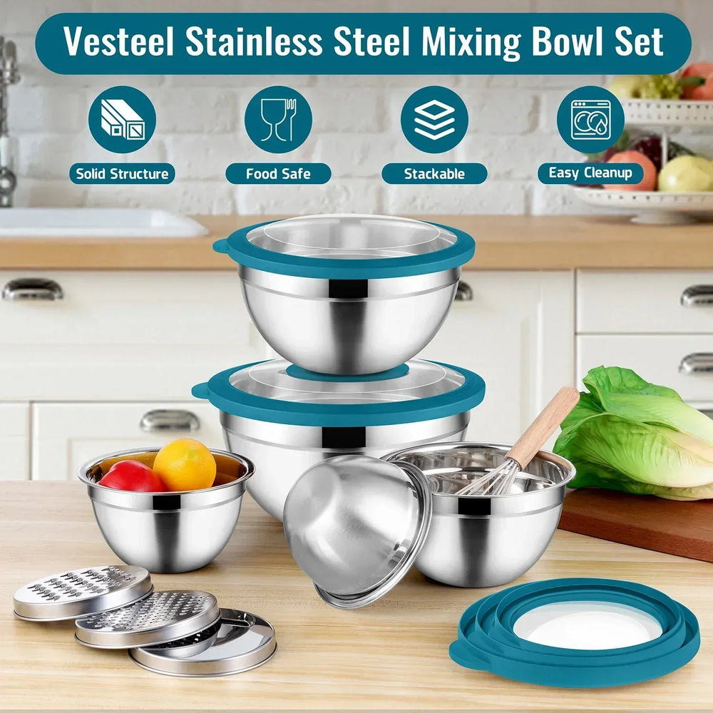 Vesteel Mixing Bowls with Lids Set of 8, Stainless Steel Prep Bowls with Upgraded Airtight Visible Lid, Metal Nesting Bowl Attach with 3 Graters for Kitchen Grating/ Shredding / Mixing - USA MEGA SHOP