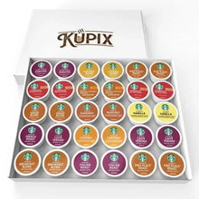 KUPIX coffee pod sampler box with assorted K-Cup pods in open tray