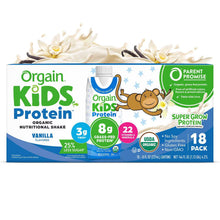 Orgain Kids vanilla protein shake 18-pack carton with monkey illustration and nutrition claims