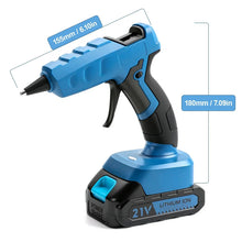Blue cordless hot glue gun with 21V base and nozzle; dimensions callouts visible